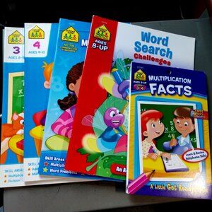 4 NEW 3-4 GRADE MATH WORKBOOKS AND A WORD SEARCH BOOK --SCHOOL ZONE--#16